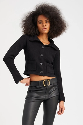Black Cashmere Collared Cardigan Chic Look DoubleStitched Hemming