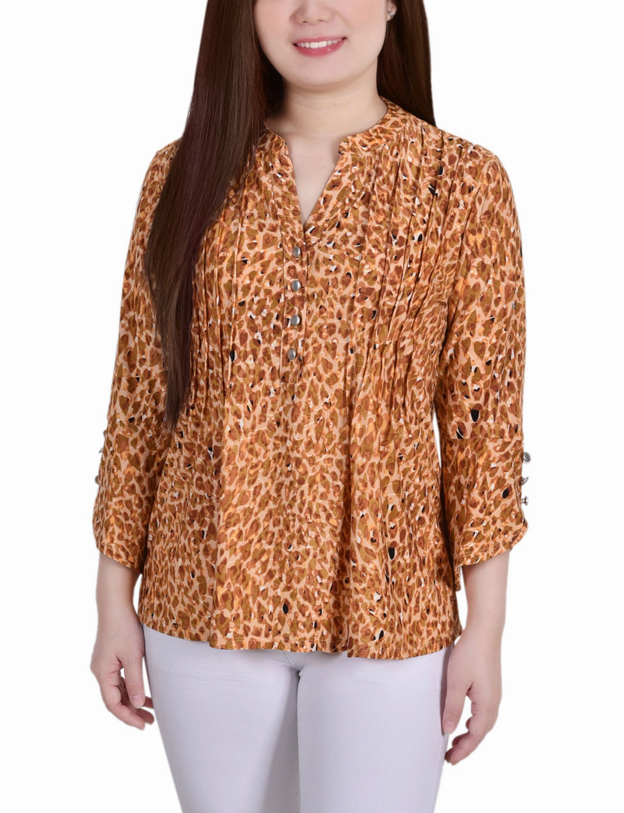 BreathableMeshInsert 3/4 Sleeve Overlapped Bell Sleeve Y Neck Top