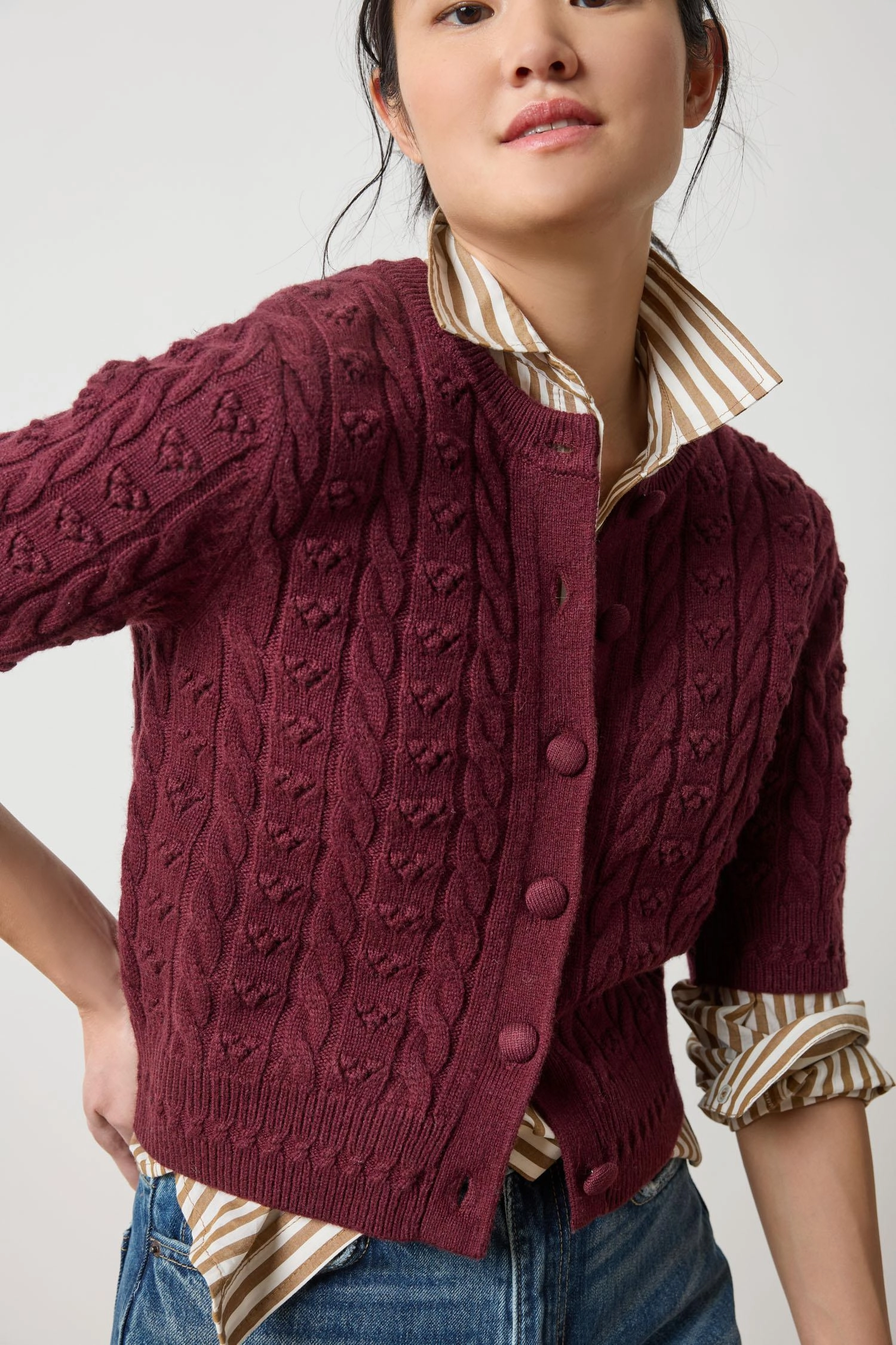 Abrasion Resistant Fabric Short Sleeve Cardigan Sweater Plum