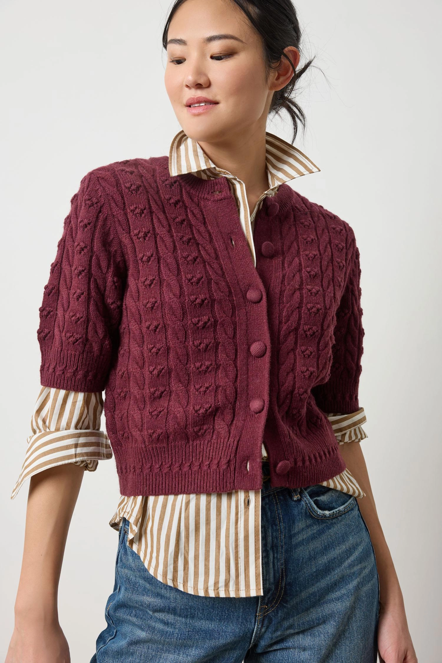Short Sleeve Cardigan Sweater Plum WrinkleResistant Fabric DurableWeave