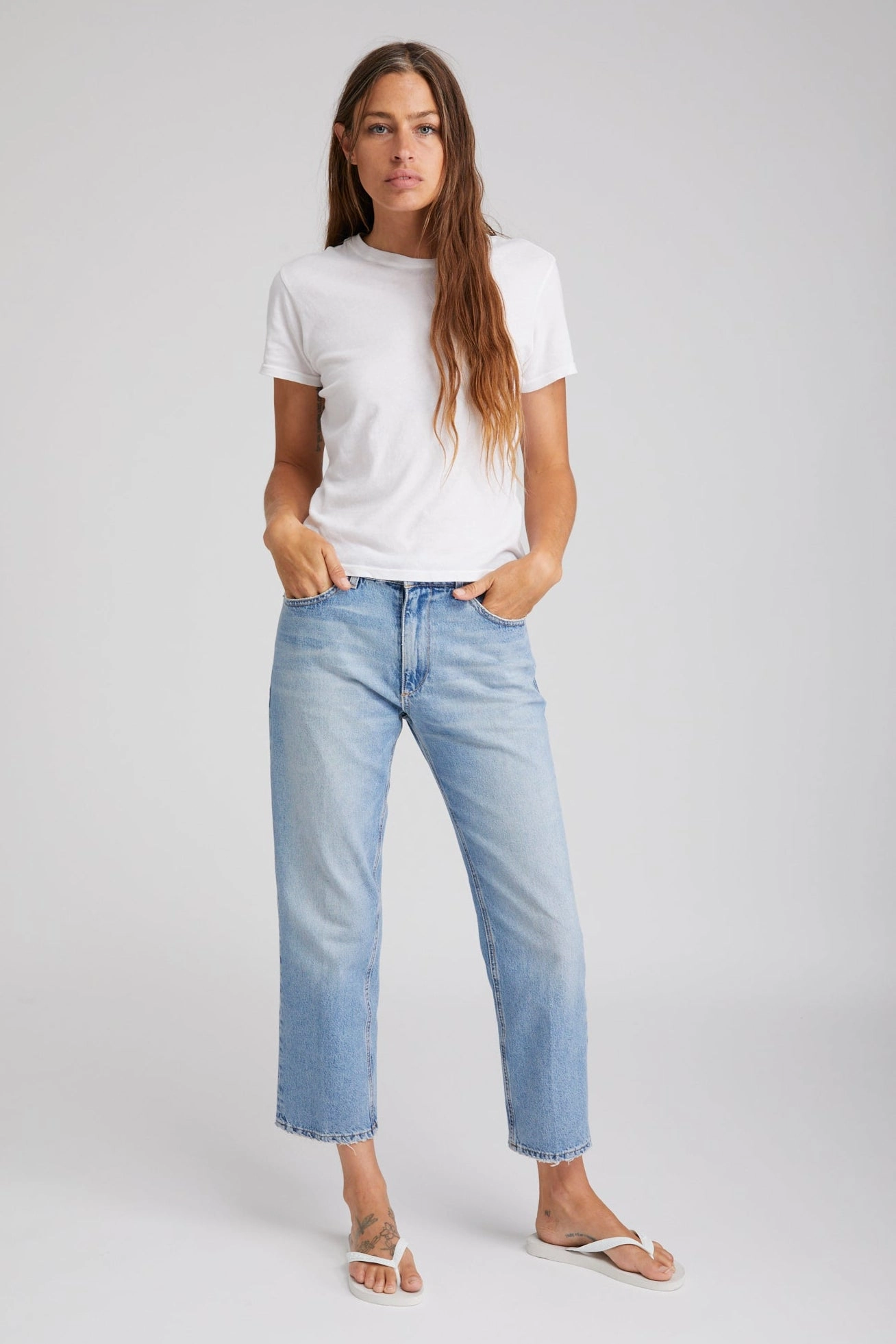 Victoria Cropped Straight Leg Denim MeshVentilation Elastic Edge Binding