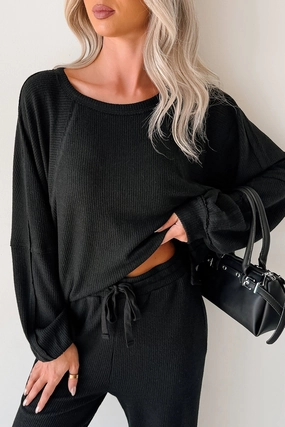 Still Breathing Waffle Knit Long Sleeve Top (Black) BoxySilhouette