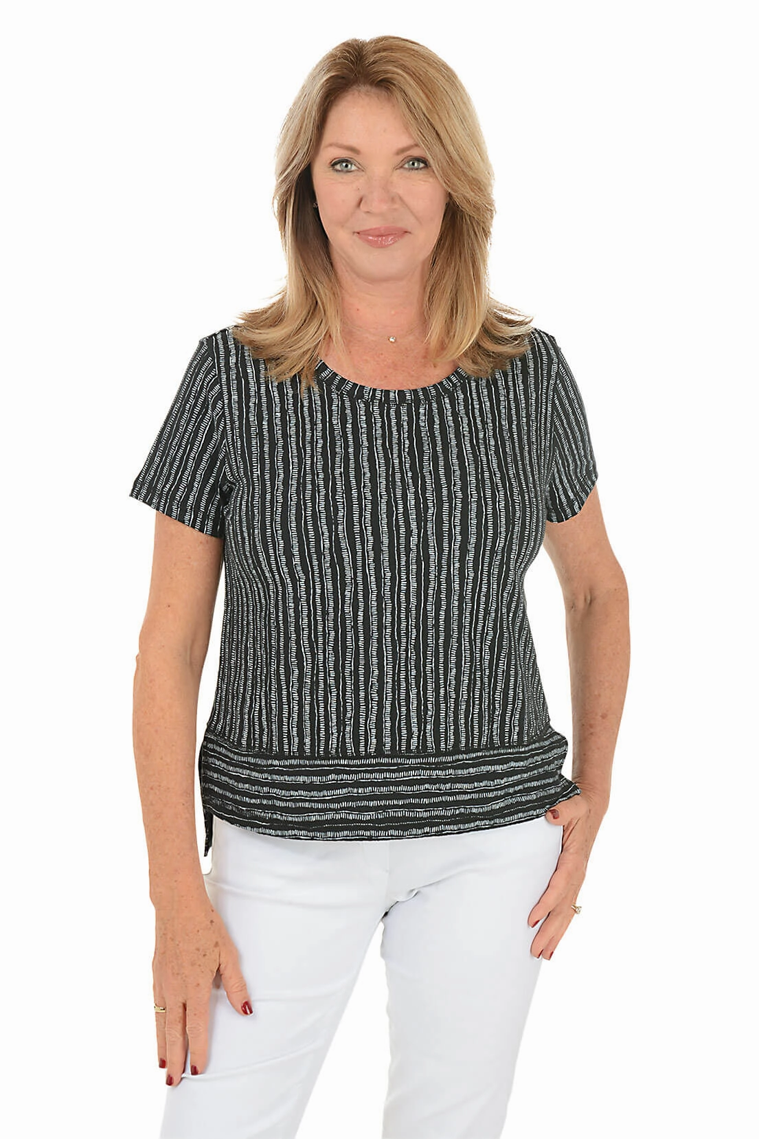 AdjustableCuffSystem MultiPanel Design Dashed Stripes High-Low Tee