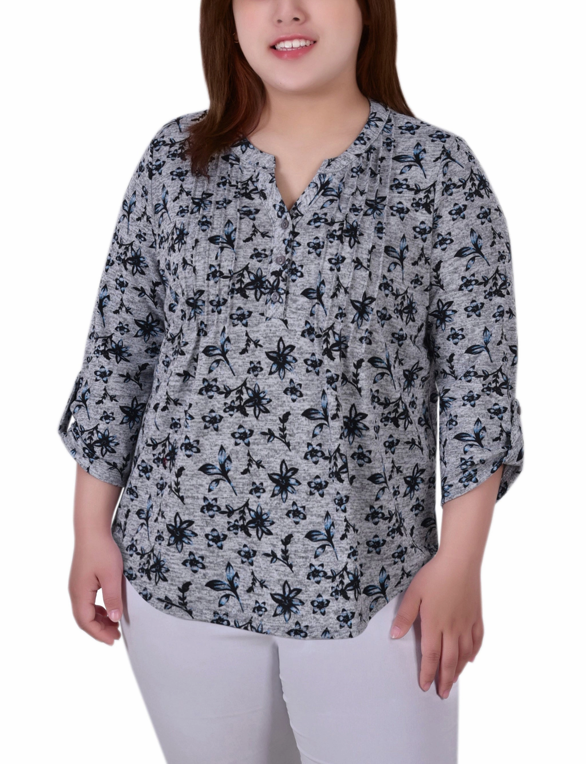 Lightweight Weave Plus Size 3/4 Roll Sleeve Top