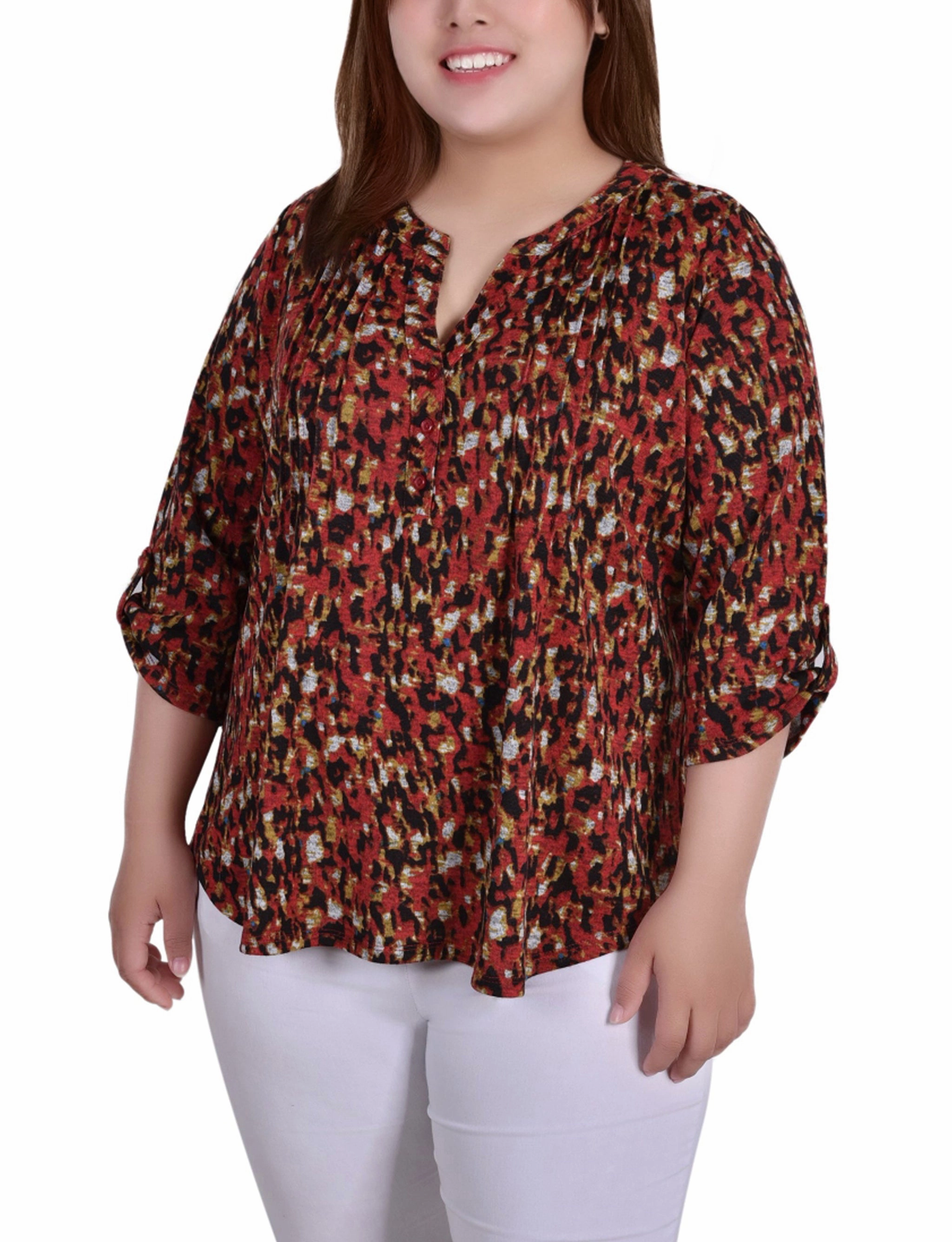 Plus Size 3/4 Roll Sleeve Top Curved Hem
