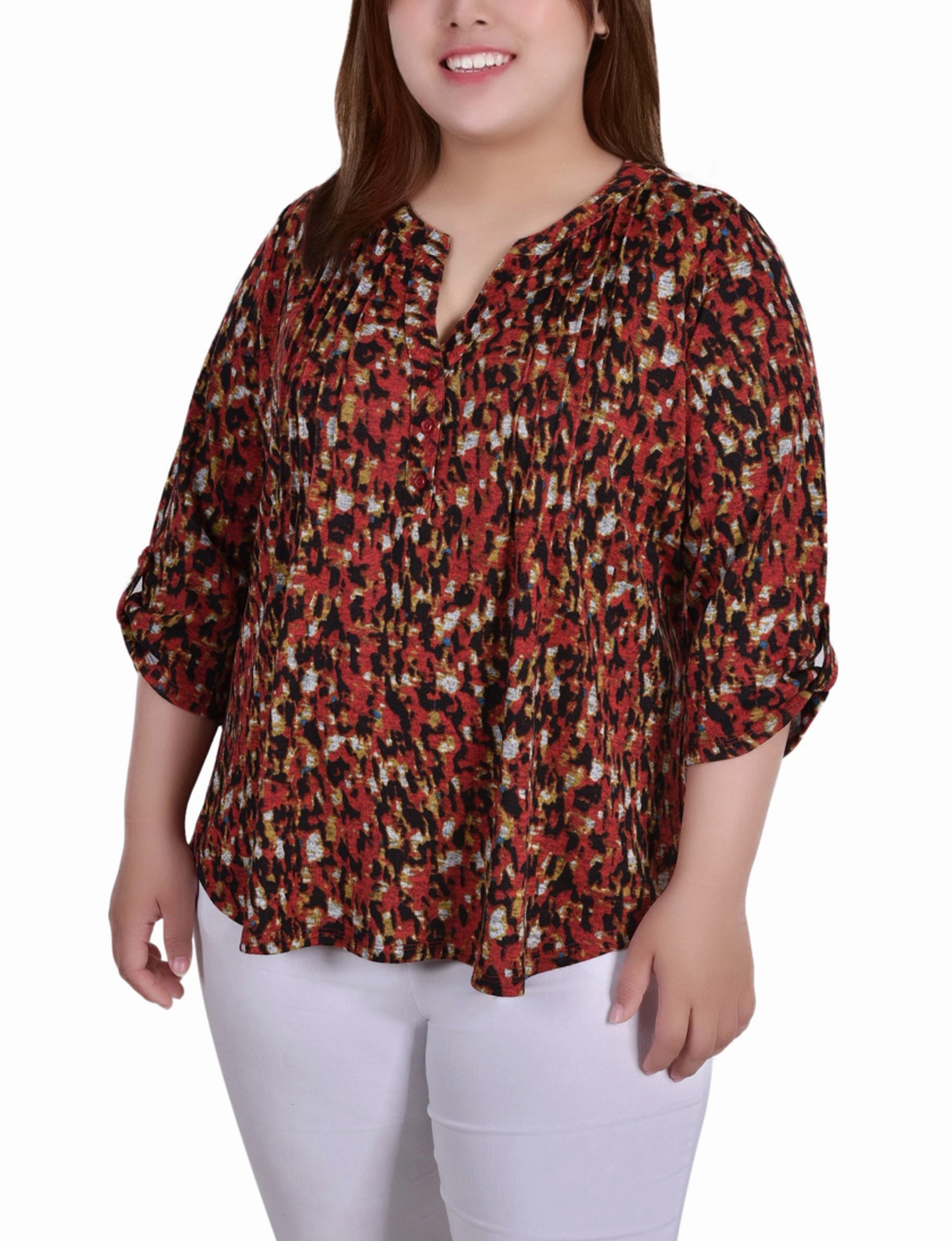 Plus Size 3/4 Roll Sleeve Top Layered Collar