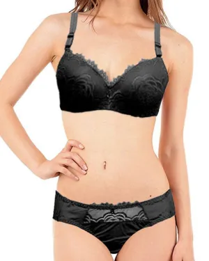 Bridal Black 801625 Double Padded Pushup Bra Panty Set - By Senselle
