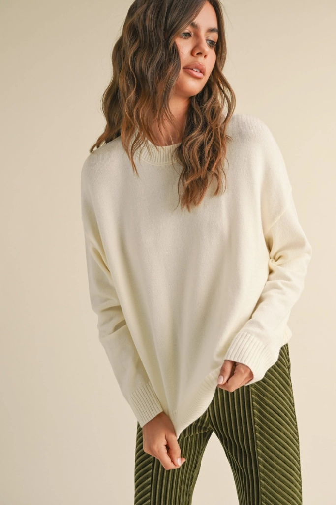Brielle Crew Neck Sweater in Cream High Collar Protection Design