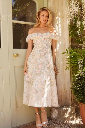 Subtle Flow Light Base Antoinettes Floral Off-Shoulder Ballerina Dress
