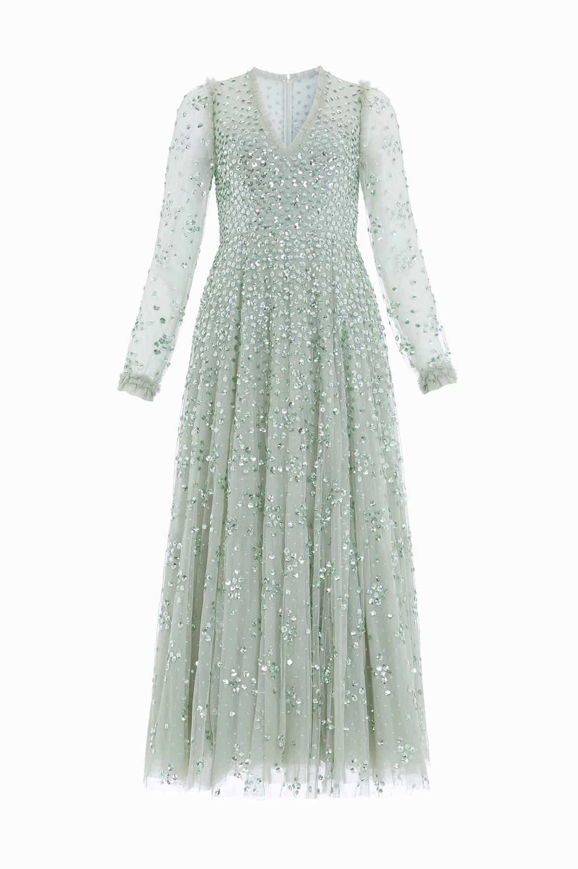 Leila Dot V-Neck Ankle Gown Feminine off-the-shoulder gown Quilted-Texture