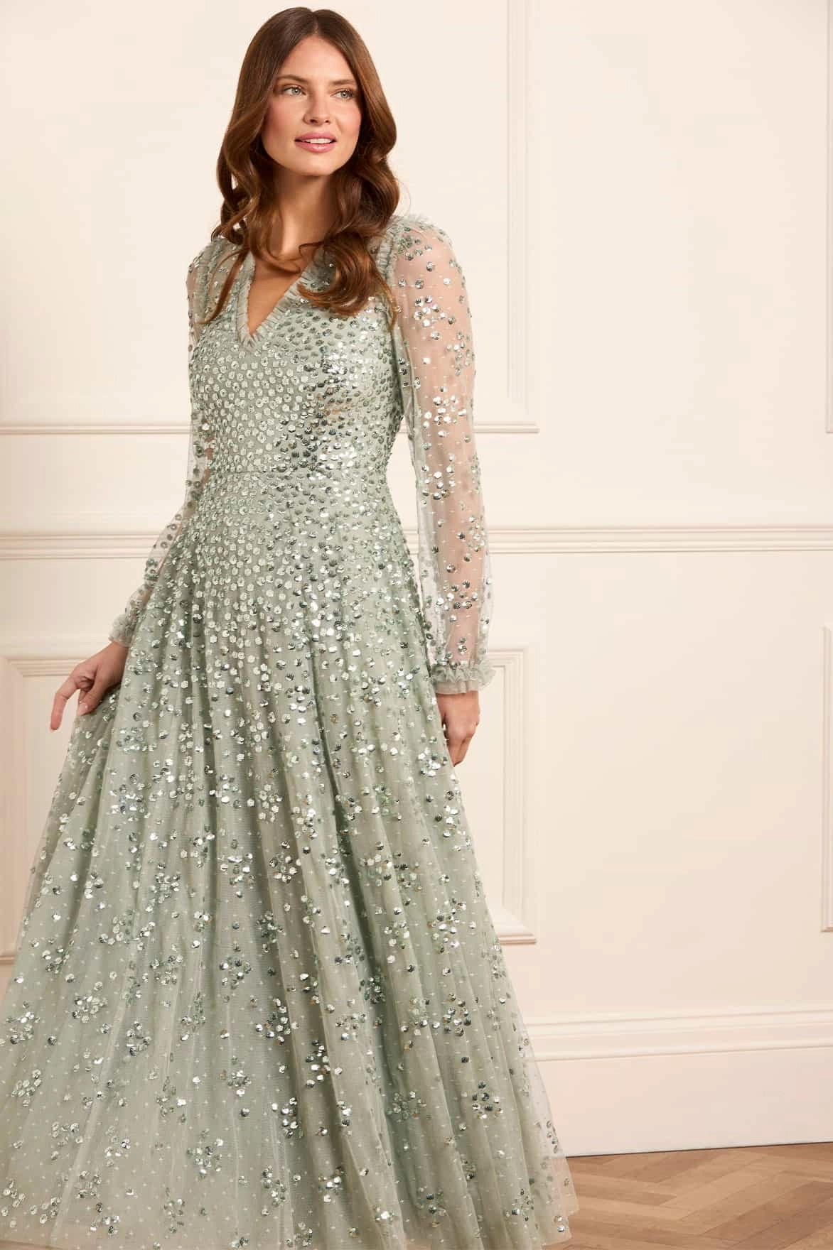 Gemstone-Detail City Style Leila Dot V-Neck Ankle Gown