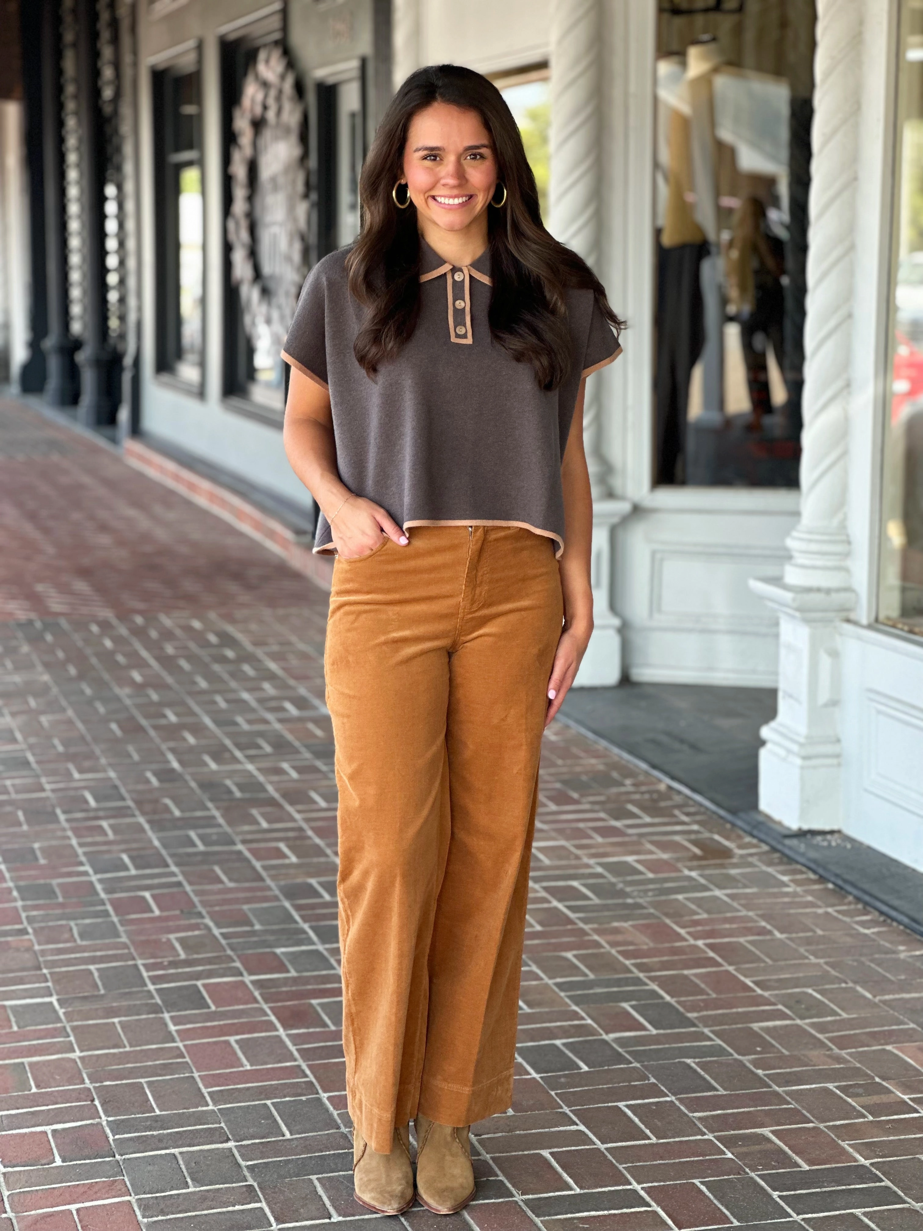 ZeroWastePattern BuiltInLayer Brown Short Sleeve Collared Sweater Top