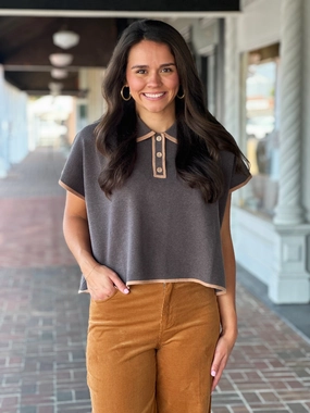Brown Short Sleeve Collared Sweater Top Minimalist Styling SnagFreeKnit