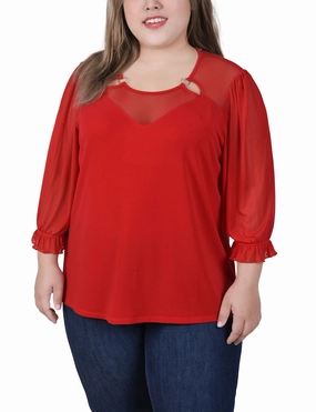 Flexible Material Plus Size 3/4 Sleeve Ringed Top With Mesh