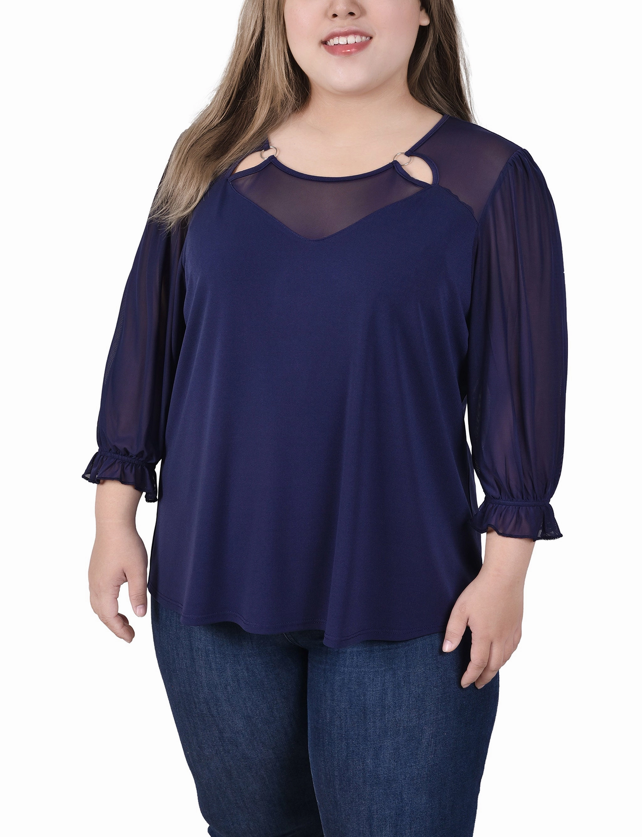 Timeless Cut Plus Size 3/4 Sleeve Ringed Top With Mesh