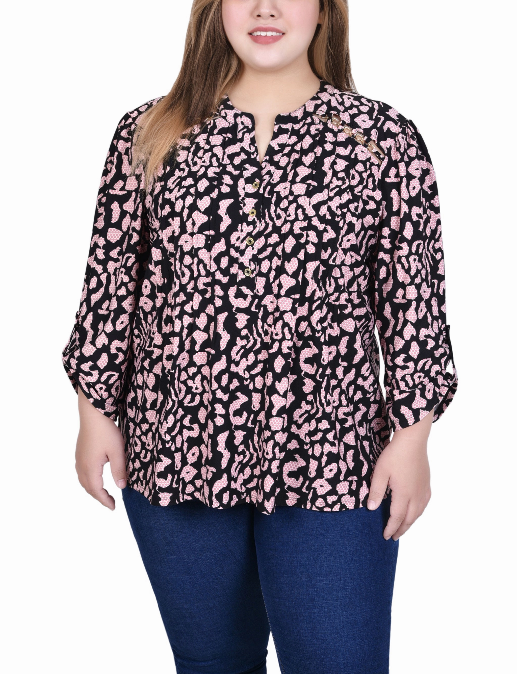 Plus Size Long Sleeve Pintuck Front Top With Chain Details HiddenVentilationPockets