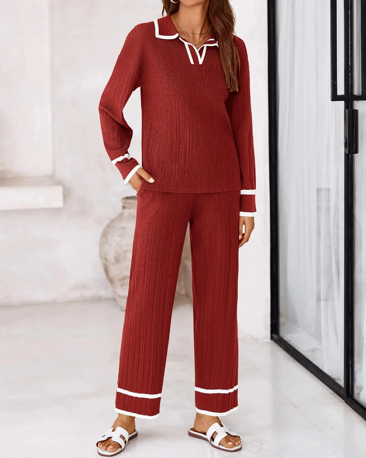 BTFBM Womens 2 Piece Outfits Fall Winter 2024 Long Sleeve V Neck Sweater and Wide Leg Pants Lounge Sets Knit Tracksuits