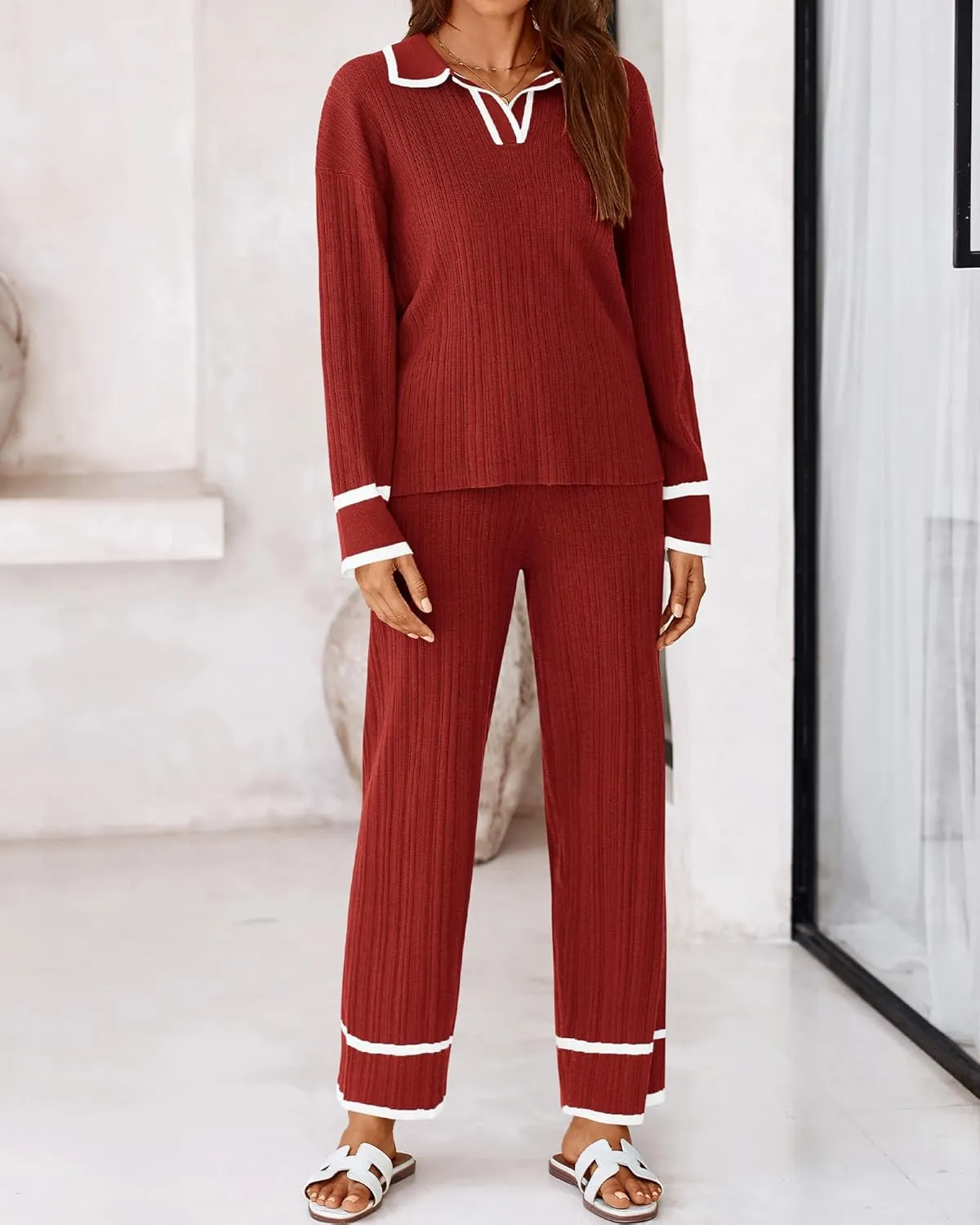 BTFBM Womens 2 Piece Outfits Fall Winter 2024 Long Sleeve V Neck Sweater and Wide Leg Pants Lounge Sets Knit Tracksuits
