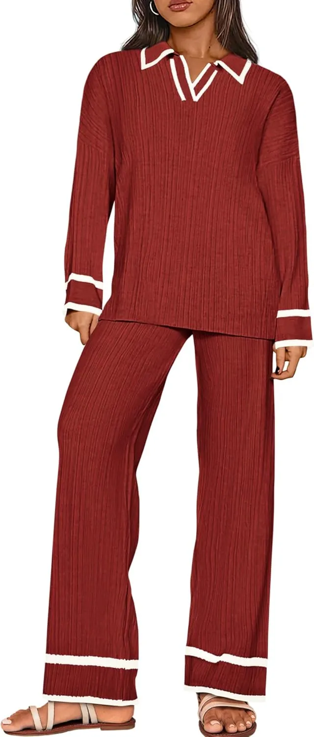 BTFBM Womens 2 Piece Outfits Fall Winter 2024 Long Sleeve V Neck Sweater and Wide Leg Pants Lounge Sets Knit Tracksuits