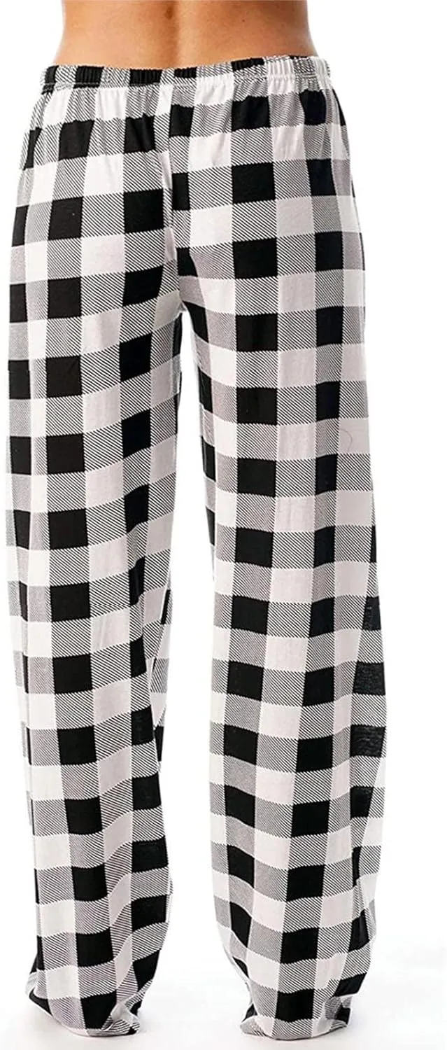 Buffalo Plaid Christmas Pajama Pants Womens Soft Cotton Pj Pants Drawstring High Waist Sleep Pants Wide Leg Pants