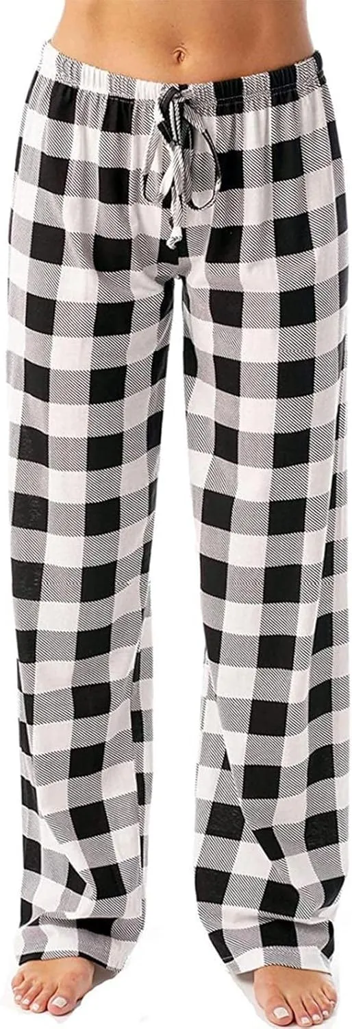 Buffalo Plaid Christmas Pajama Pants Womens Soft Cotton Pj Pants Drawstring High Waist Sleep Pants Wide Leg Pants