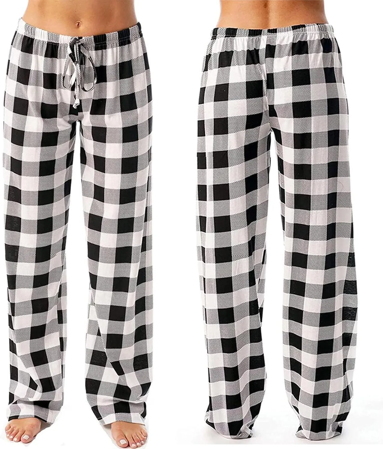 Buffalo Plaid Christmas Pajama Pants Womens Soft Cotton Pj Pants Drawstring High Waist Sleep Pants Wide Leg Pants