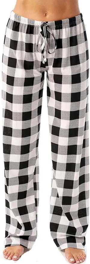 Buffalo Plaid Christmas Pajama Pants Womens Soft Cotton Pj Pants Drawstring High Waist Sleep Pants Wide Leg Pants
