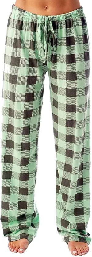 Buffalo Plaid Christmas Pajama Pants Womens Soft Cotton Pj Pants Drawstring High Waist Sleep Pants Wide Leg Pants