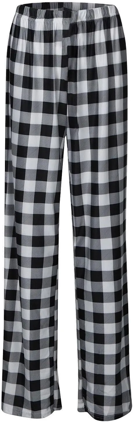Buffalo Plaid Pajama Pants Women Comfy Soft Wide Leg Pj Pants Drawstring High Waist Baggy Cotton Wide Leg Pants