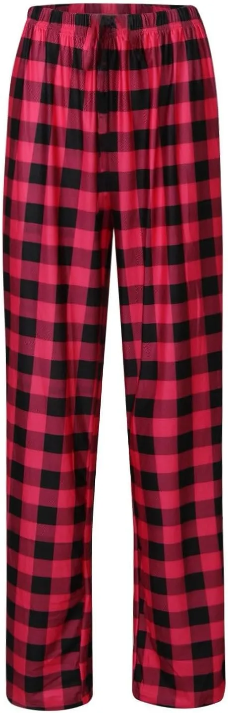 Buffalo Plaid Pajama Pants Women Comfy Soft Wide Leg Pj Pants Drawstring High Waist Baggy Cotton Wide Leg Pants