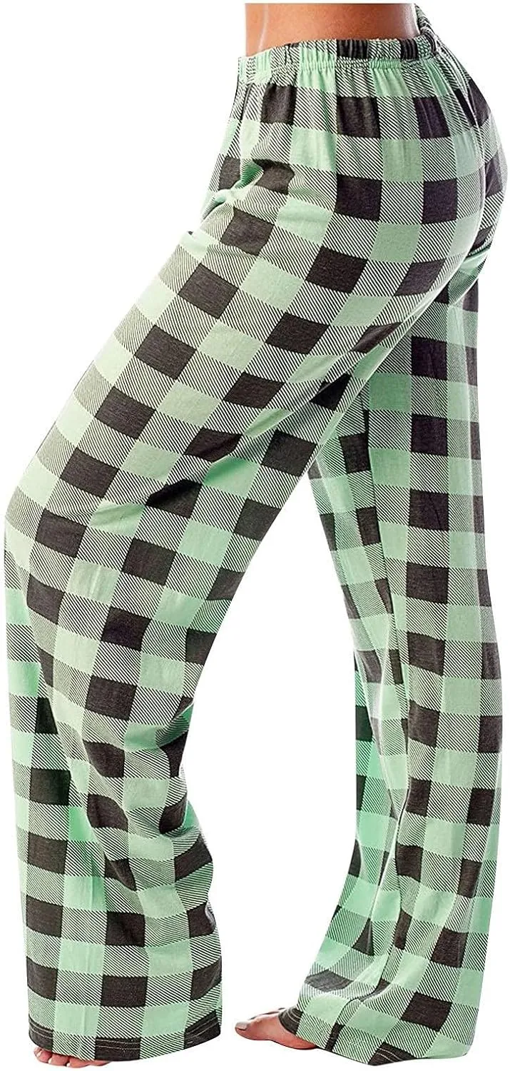 Buffalo Plaid Pajama Pants Women Comfy Soft Wide Leg Pj Pants Drawstring High Waist Baggy Cotton Wide Leg Pants