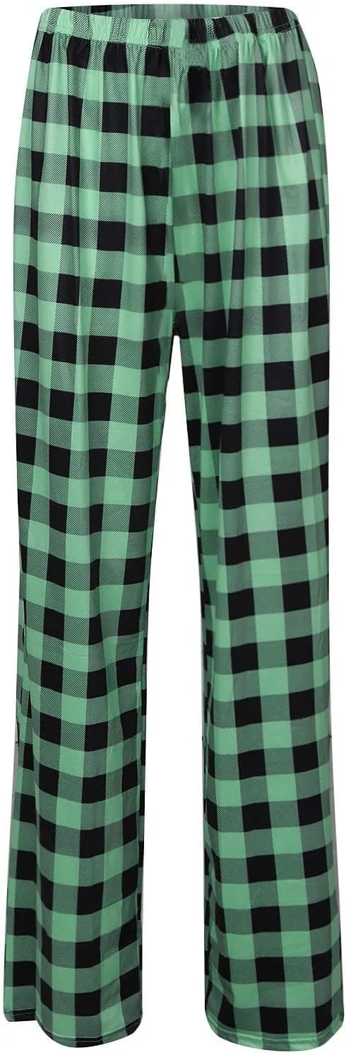 Buffalo Plaid Pajama Pants Women Comfy Soft Wide Leg Pj Pants Drawstring High Waist Baggy Cotton Wide Leg Pants
