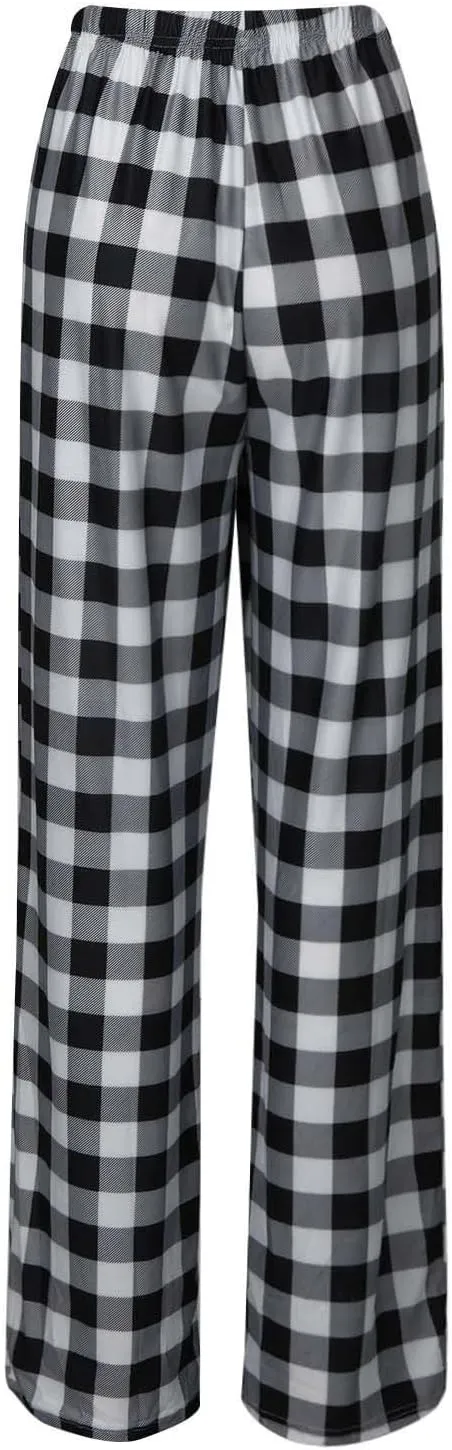 Buffalo Plaid Pajama Pants Women Comfy Soft Wide Leg Pj Pants Drawstring High Waist Baggy Cotton Wide Leg Pants