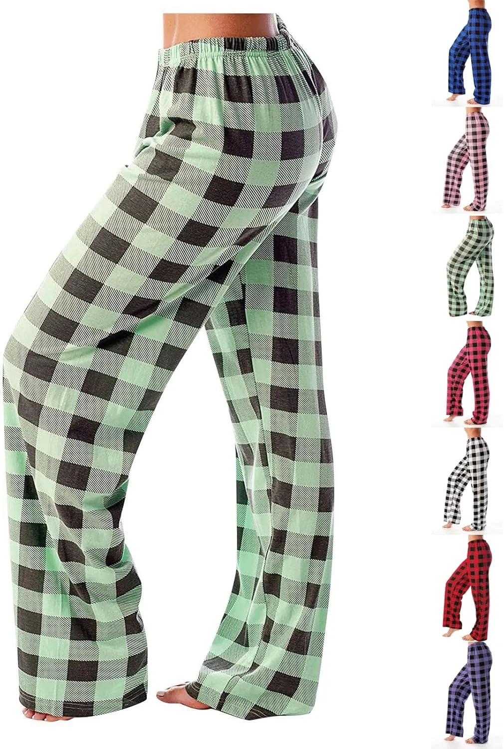 Buffalo Plaid Pajama Pants Women Comfy Soft Wide Leg Pj Pants Drawstring High Waist Baggy Cotton Wide Leg Pants