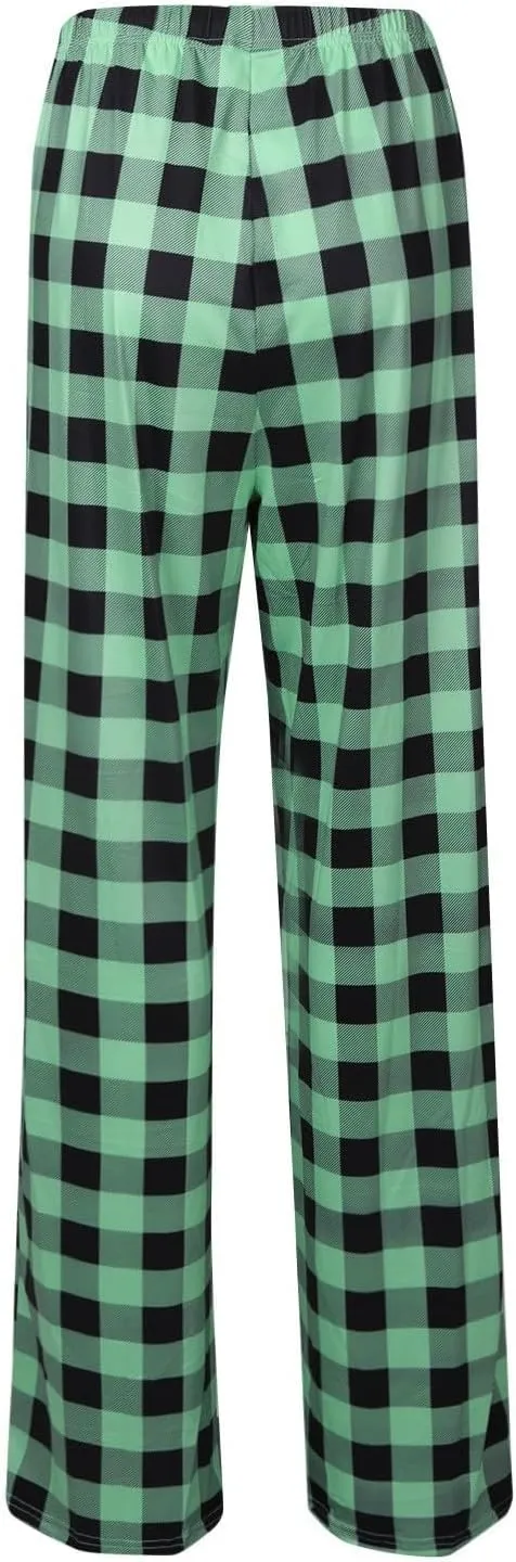 Buffalo Plaid Pajama Pants Women Comfy Soft Wide Leg Pj Pants Drawstring High Waist Baggy Cotton Wide Leg Pants