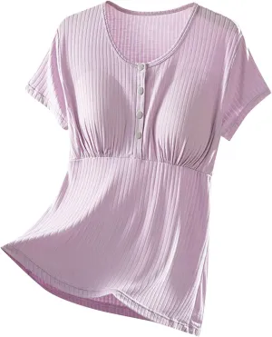 Built-in Bra Nursing Tops for Breastfeeding Women Soft Modal Pajamas Comfy Button Up Short Sleeve Summer Sleepwear T-Shirts