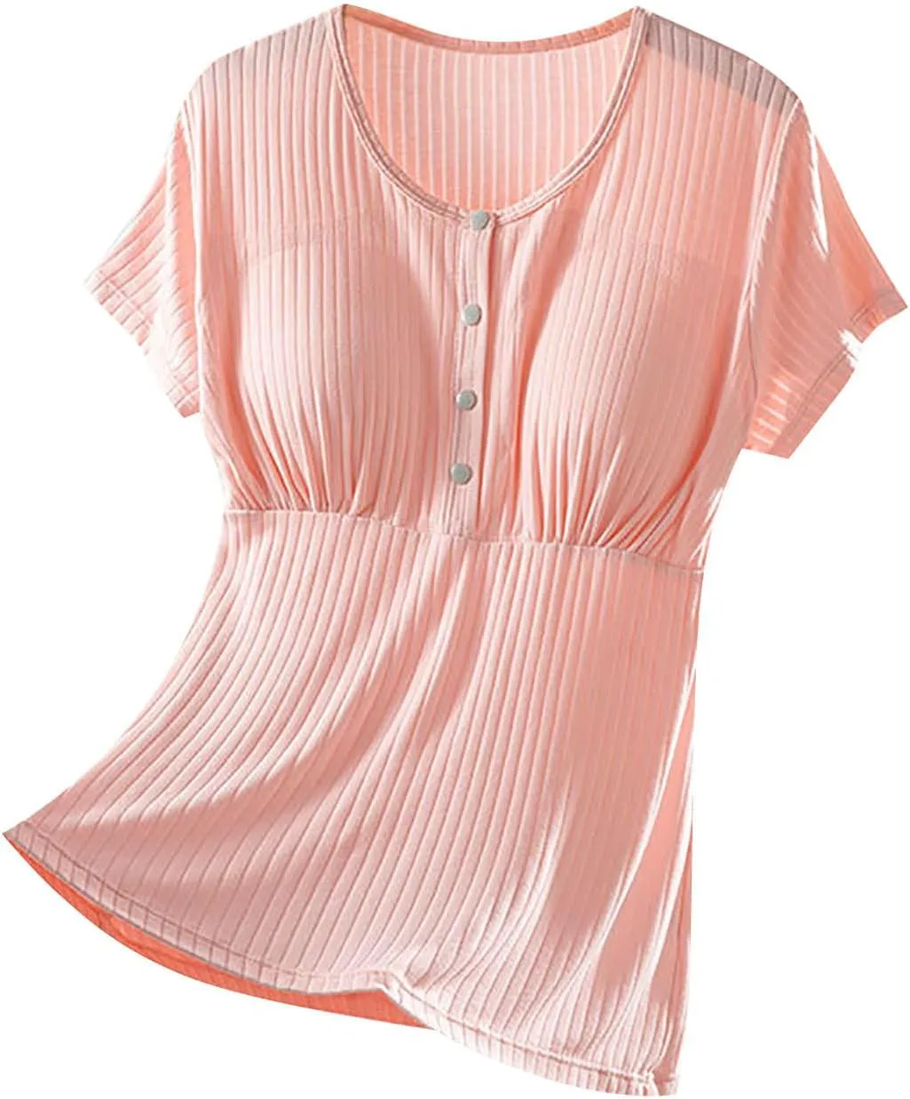 Built-in Bra Nursing Tops for Breastfeeding Women Soft Modal Pajamas Comfy Button Up Short Sleeve Summer Sleepwear T-Shirts