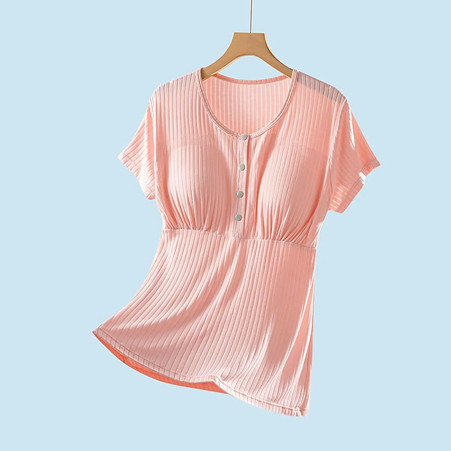 Built-in Bra Nursing Tops for Breastfeeding Women Soft Modal Pajamas Comfy Button Up Short Sleeve Summer Sleepwear T-Shirts