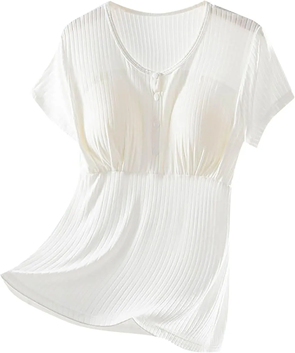 Built-in Bra Nursing Tops for Breastfeeding Women Soft Modal Pajamas Comfy Button Up Short Sleeve Summer Sleepwear T-Shirts