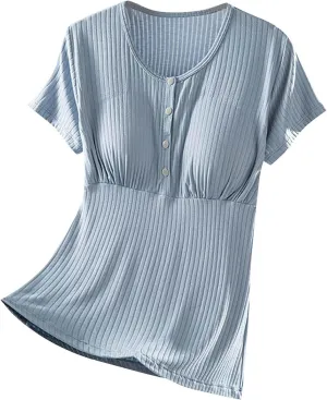 Built-in Bra Nursing Tops for Breastfeeding Women Soft Modal Pajamas Comfy Button Up Short Sleeve Summer Sleepwear T-Shirts