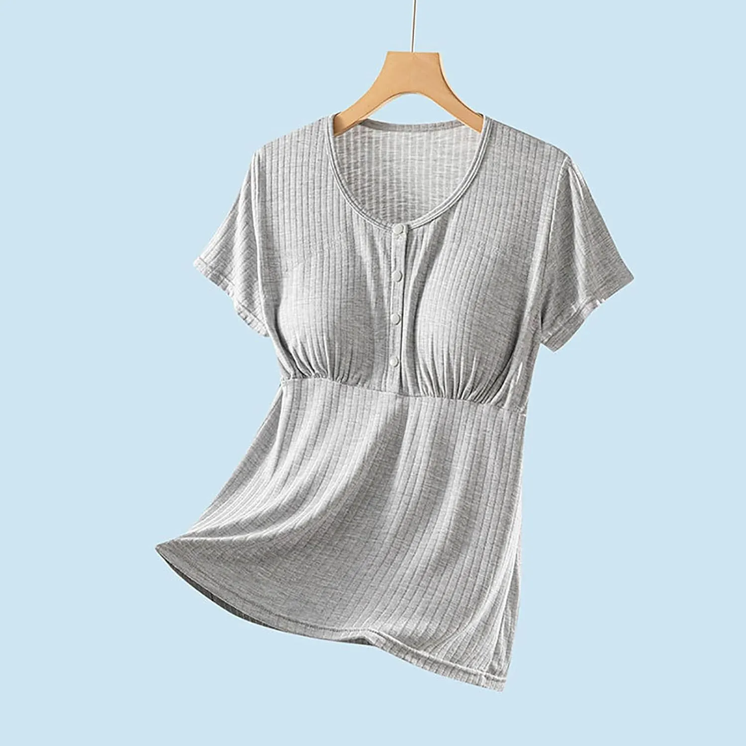 Built-in Bra Nursing Tops for Breastfeeding Women Soft Modal Pajamas Comfy Button Up Short Sleeve Summer Sleepwear T-Shirts