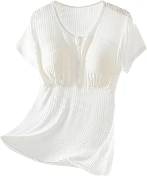 Built-in Bra Nursing Tops for Breastfeeding Women Soft Modal Pajamas Comfy Button Up Short Sleeve Summer Sleepwear T-Shirts