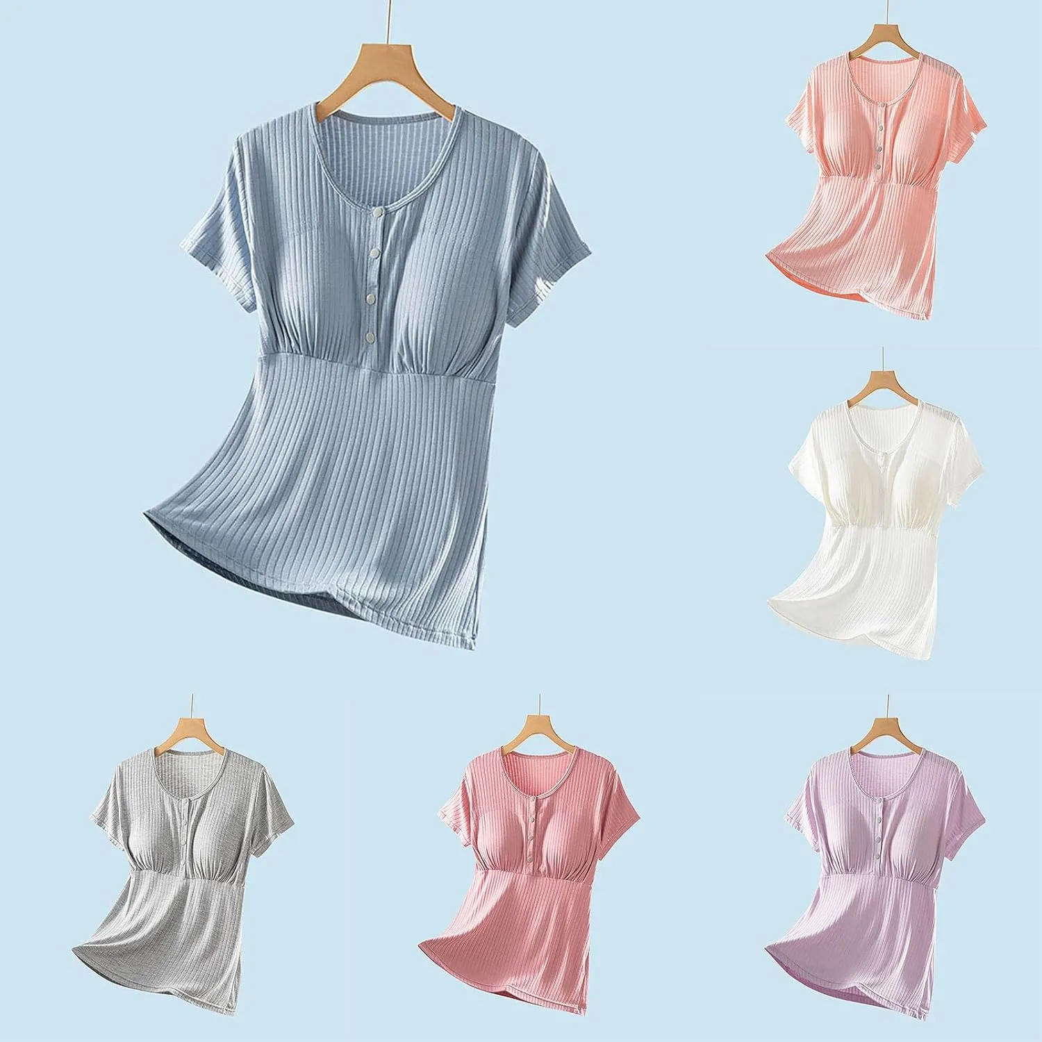 Built-in Bra Nursing Tops for Breastfeeding Women Soft Modal Pajamas Comfy Button Up Short Sleeve Summer Sleepwear T-Shirts
