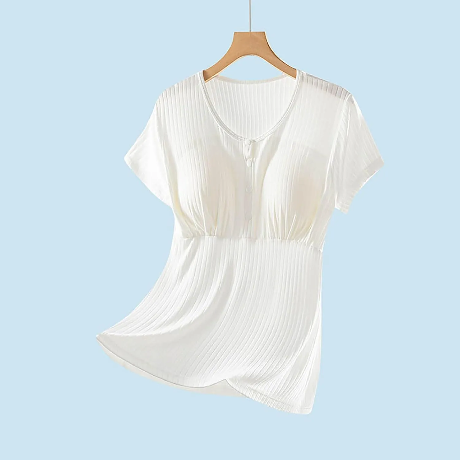 Built-in Bra Nursing Tops for Breastfeeding Women Soft Modal Pajamas Comfy Button Up Short Sleeve Summer Sleepwear T-Shirts