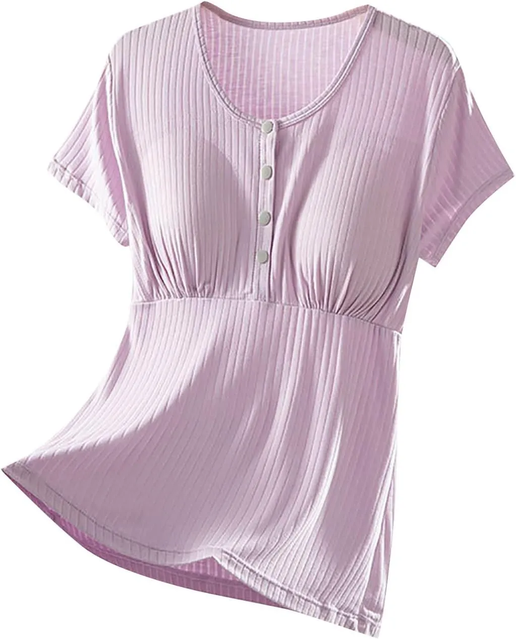 Built-in Bra Nursing Tops for Breastfeeding Women Soft Modal Pajamas Comfy Button Up Short Sleeve Summer Sleepwear T-Shirts