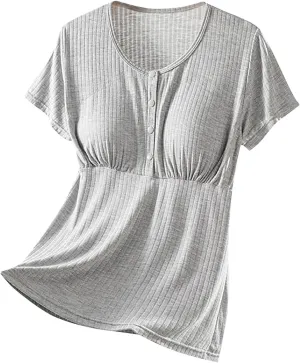 Built-in Bra Nursing Tops for Breastfeeding Women Soft Modal Pajamas Comfy Button Up Short Sleeve Summer Sleepwear T-Shirts