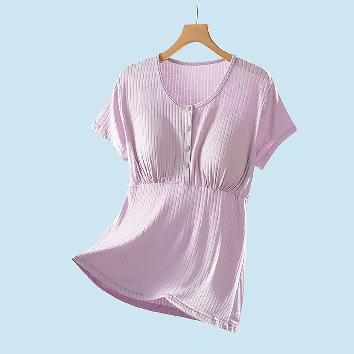 Built-in Bra Nursing Tops for Breastfeeding Women Soft Modal Pajamas Comfy Button Up Short Sleeve Summer Sleepwear T-Shirts