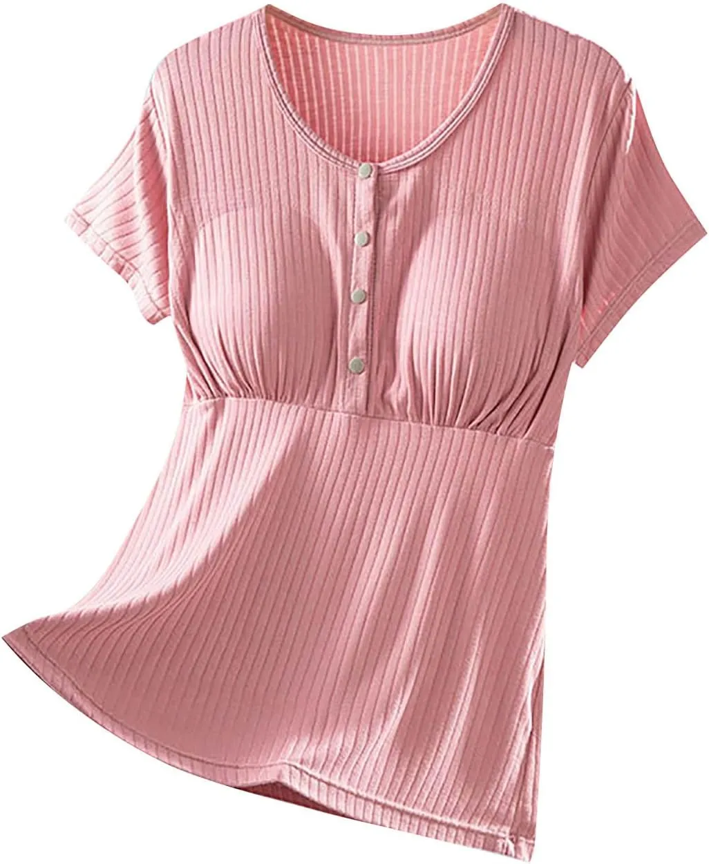 Built-in Bra Nursing Tops for Breastfeeding Women Soft Modal Pajamas Comfy Button Up Short Sleeve Summer Sleepwear T-Shirts