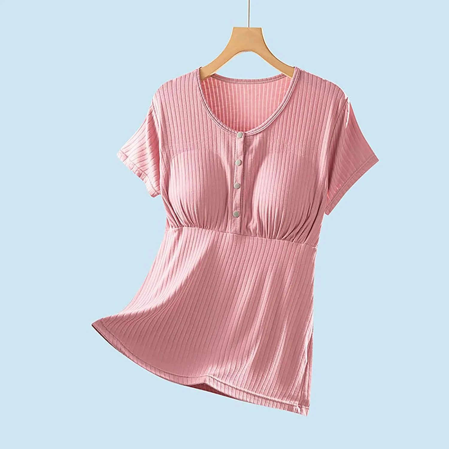 Built-in Bra Nursing Tops for Breastfeeding Women Soft Modal Pajamas Comfy Button Up Short Sleeve Summer Sleepwear T-Shirts