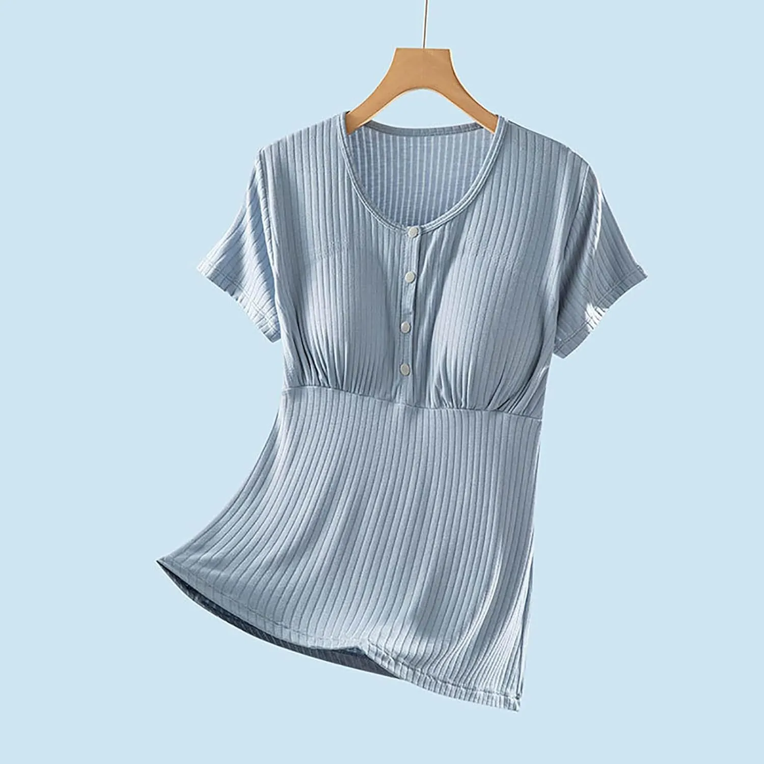 Built-in Bra Nursing Tops for Breastfeeding Women Soft Modal Pajamas Comfy Button Up Short Sleeve Summer Sleepwear T-Shirts
